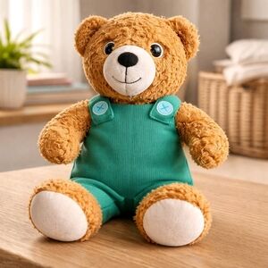 Plush Brown Bear in Green Overalls - Soft Kids Toy